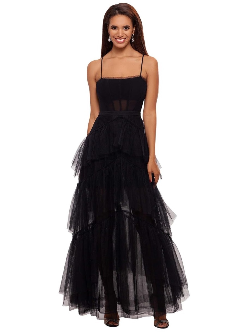 Betsy & Adam Women's Long Corset Tiered Mesh Illusion Gown, size 4